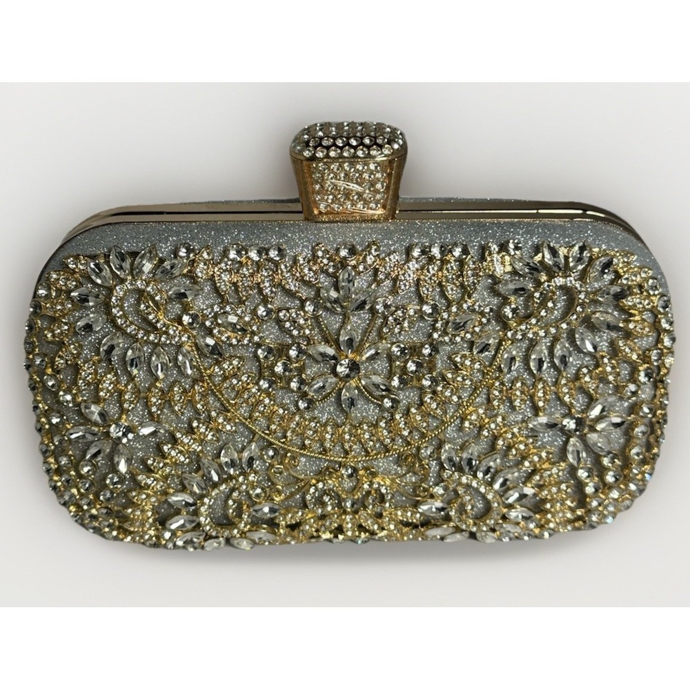 Silver Gold Crystal Rhinestone Embellished Clutch Bridal Evening Formal Wedding